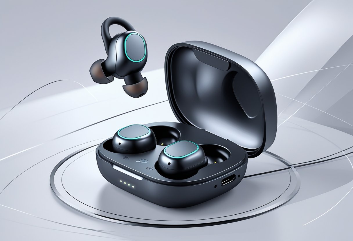 A pair of sleek true wireless earbuds with a charging case displayed on a clean background, surrounded by subtle futuristic design elements.
