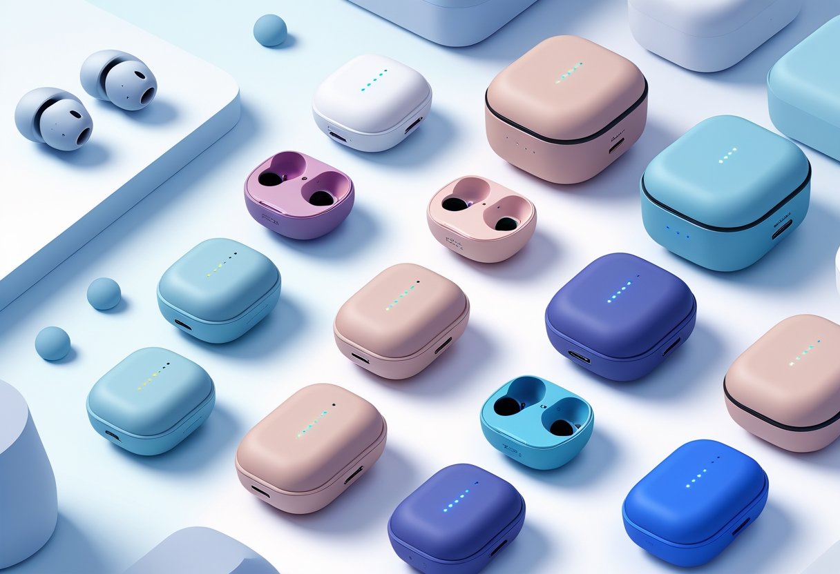 Several pairs of modern true wireless earbuds with charging cases arranged on a white surface.