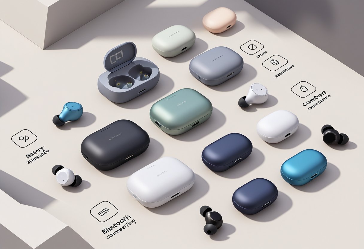 A collection of true wireless earbuds displayed alongside icons representing battery life, sound quality, Bluetooth, comfort, and water resistance.