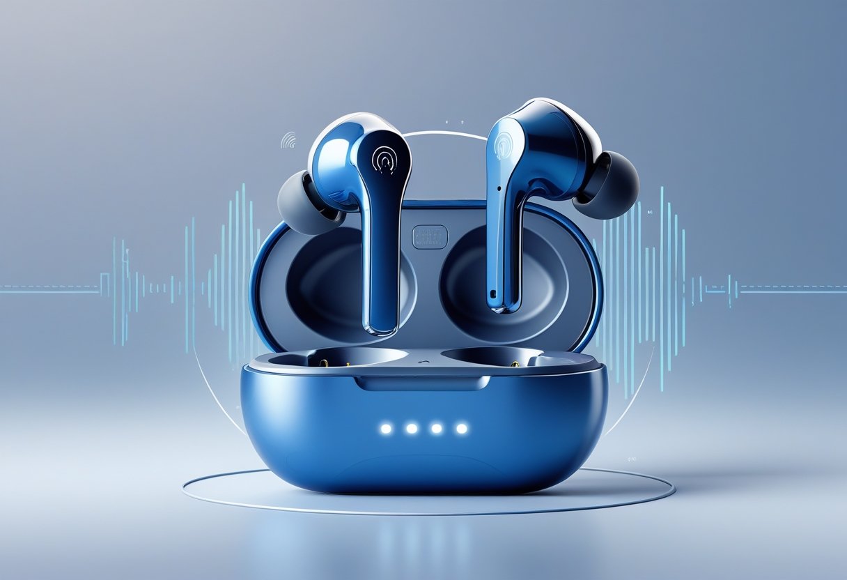 A pair of modern wireless earbuds surrounded by soundwave graphics on a blue-gray background.
