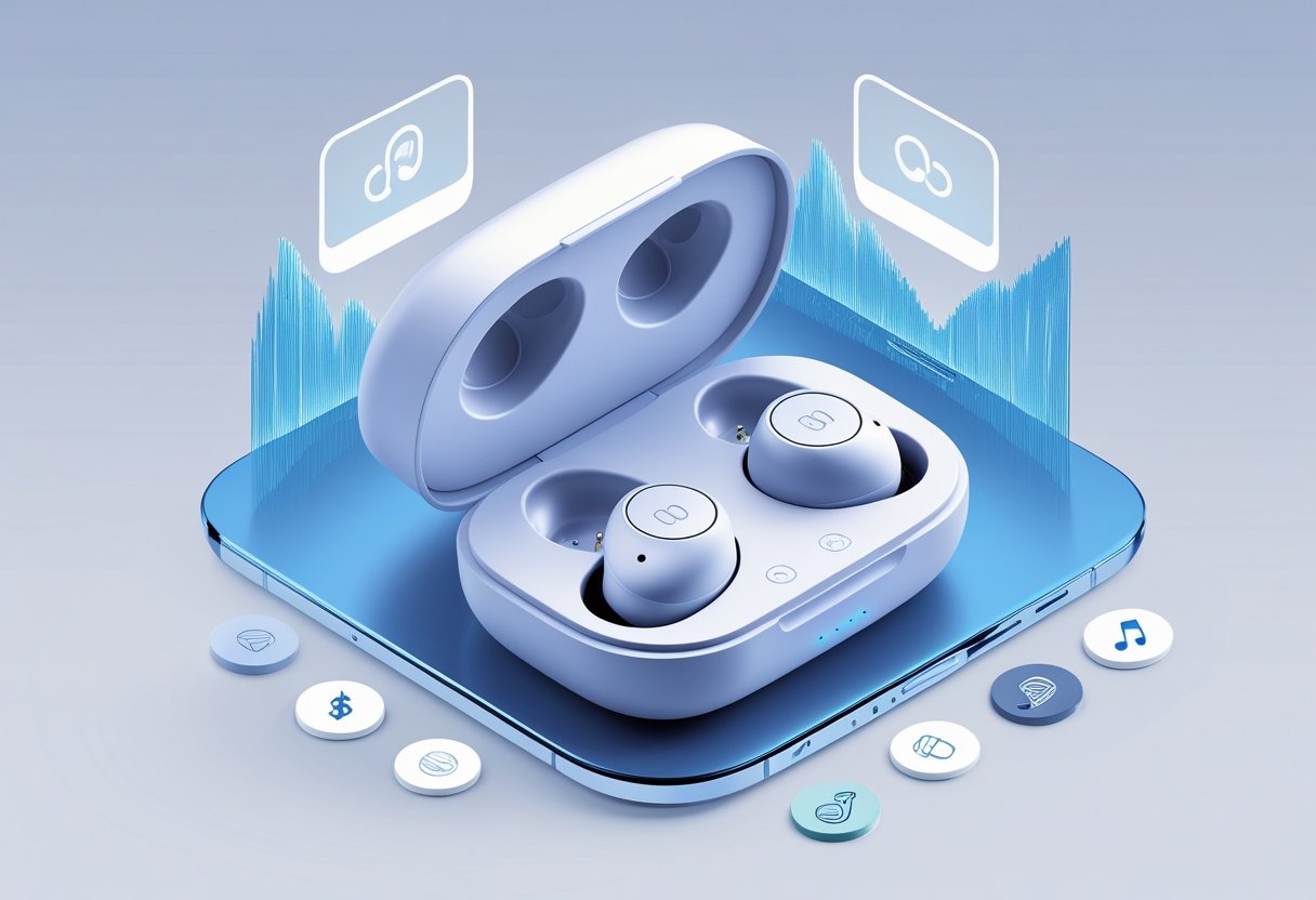 A pair of sleek wireless earbuds surrounded by icons representing affordability, battery life, comfort, and sound quality with abstract sound waves illustrating noise cancellation.