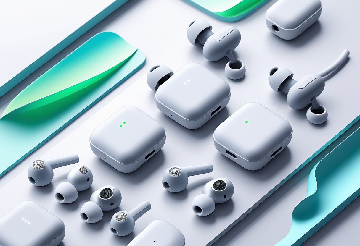 A neat arrangement of several modern wireless earbuds on a white surface with abstract sound waves around them.