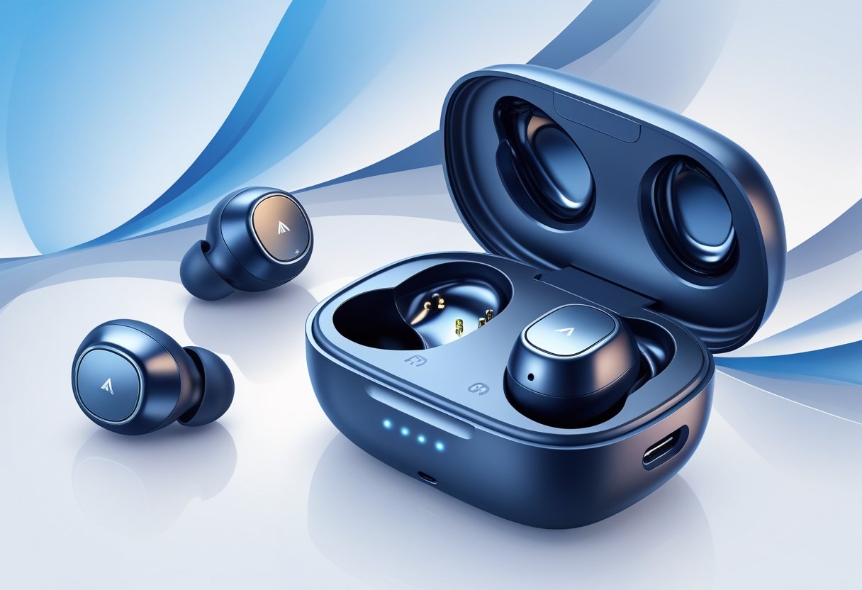 An illustration of a pair of wireless earbuds and their charging case displayed on a soft blue and white background.