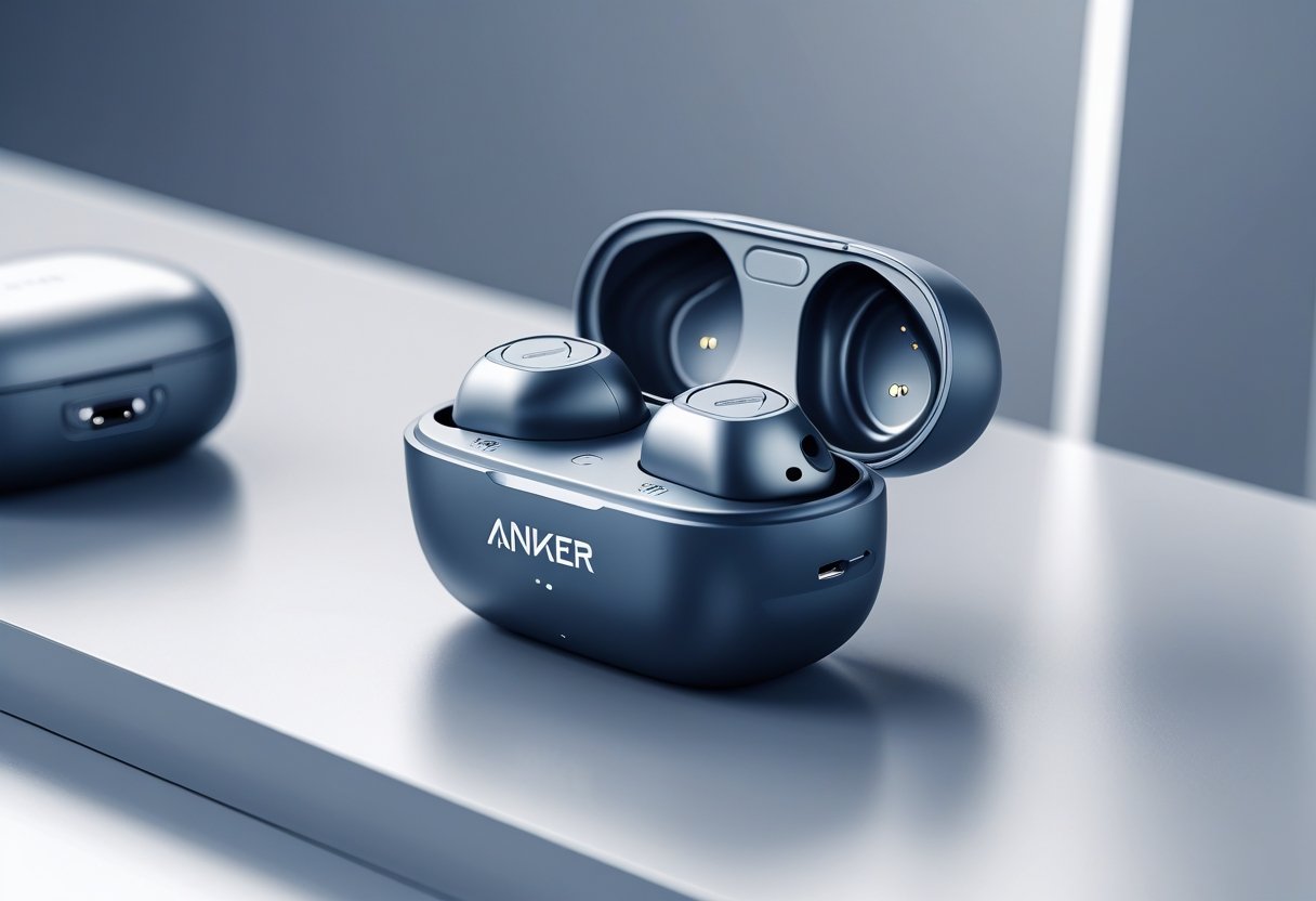 Close-up view of wireless earbuds and their charging case placed on a smooth surface.